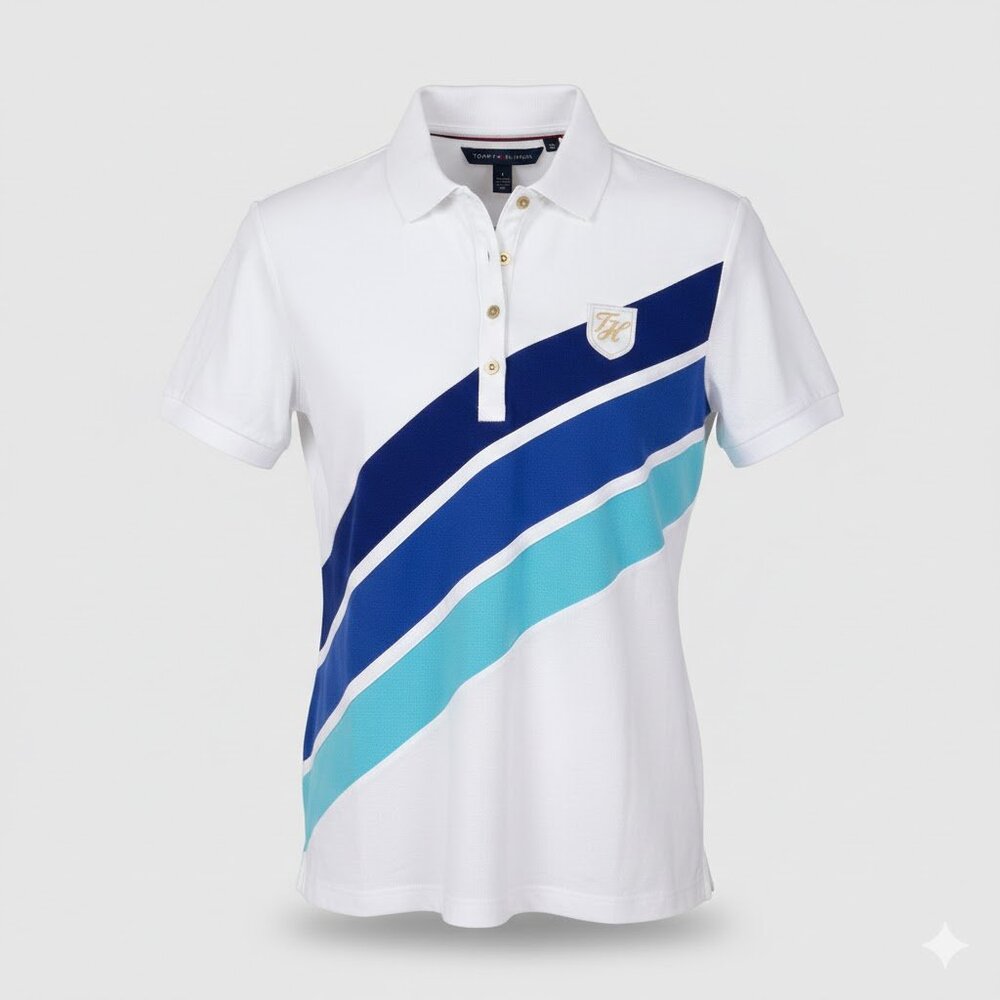 Tommy Hilfiger White Colorblock Polo Shirt Women’s Blue Stripe